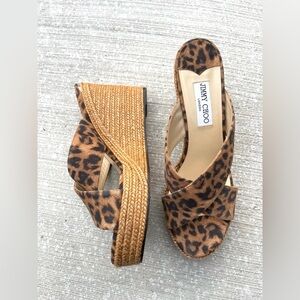 Jimmy Choo Leopard Print Espadrille Wedge Sandals 41.5 vacation beach designer